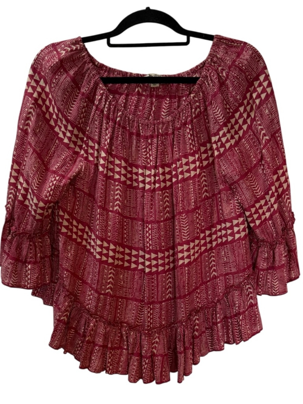 Lucky Brand Boho Peasant Blouse Medium Red Geometric Print Off Shoulder Top